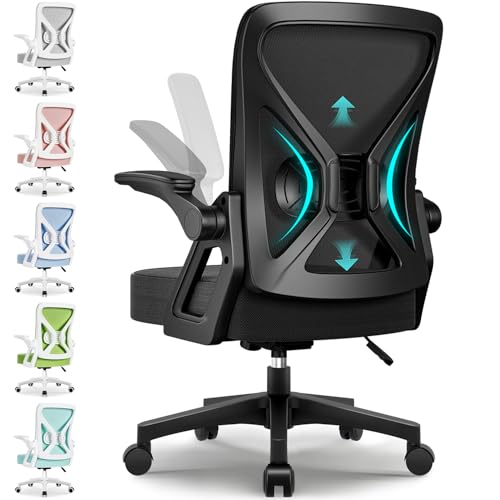 Airchros Bürostuhl Ergonomisch mit Hochklappbaren Armlehnen, Einstellbarer Lendenstütze, Wippfunktion bis 125°, Höhenverstellbar, Netzstuhl, Schwarz