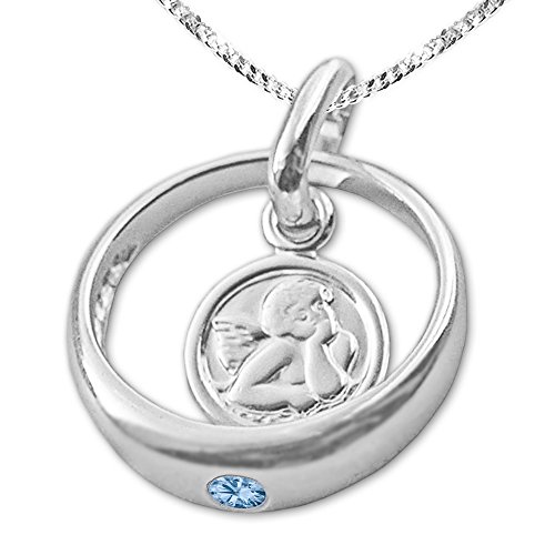 CLEVER SCHMUCK Taufkettchen Taufring Anhänger Engel rund Zirkonia blautopas-hellblau Kette Panzer 34 cm Sterling Silber 925 für Junge im Schmucketui