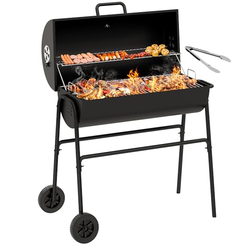 YITAHOME M Holzkohlegrill BBQ Smoker Grillwagen mit Höhenverstellbare Kohlenstoffpfanne & Thermometer, Standgrill für Party, Camping, Garten, inkl. Küchenzange