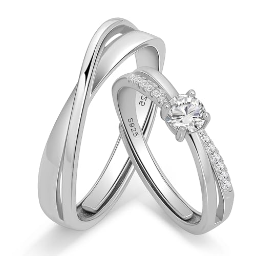 Meissa Verlobungsringe Paar Eheringe Silber 925 Überkreuztes Design mit runder Zirkonia Verstellbare Freundschaftsringe Partnerringe für Sie und Ihn Damen Herren Hochzeit Jahrestag Geschenk