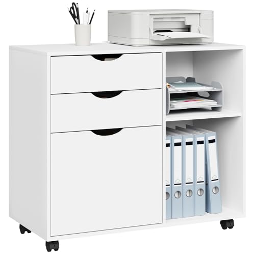WOLTU Rollcontainer mit 3 Schubladen, mobiler Aktenschrank mit 5 Rollen, Büroschrank mit verstellbarem Hängeregistratur & Einlegeboden, für Büro Zuhause, 80x69,5x39,5 cm, Weiß, ASK13ws