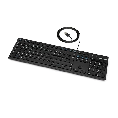 Amazon Basics Tastatur mit DE-Layout, flach, USB-kabelgebunden, Mattschwarz