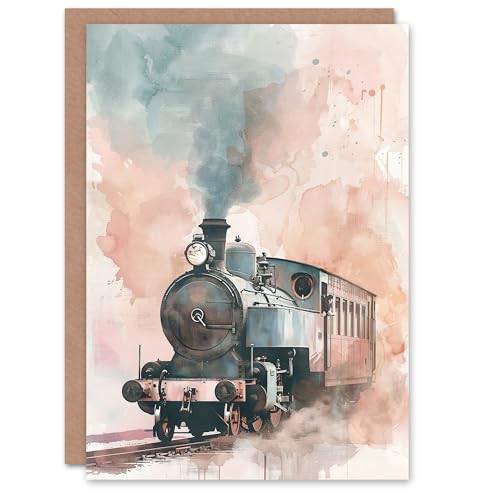 Artery8 Greeting Card Steam Train Blue Pink Watercolour Railfan Spotter Blank for All Him Or Her Art Birthday Card