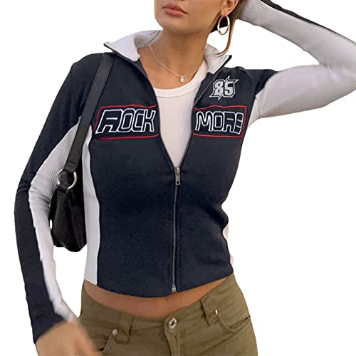 L&ieserram Damen Zip Up Kurze Jacke Vintage College Baseball Jacke Crop Sweatjacke Übergangsjacke Sweatshirt ohne Kapuze Y2K Aesthetic Clothes Frühling Herbst (A - Schwarz & Weiß, S)