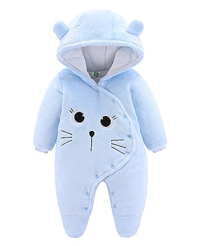 JiAmy Baby-Overall Baby-Strampler Flanell Winter-Strampelanzug mit Füßchen Kapuze Cartoon,Blau 0-3 Monate