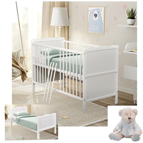 Baby Delux Babybett 70x140 cm weiß Kinderbett umbaubar zum Juniorbett mit Beißschienen Jack Kiefer Massivholz inkl. Teddy Kuscheltier