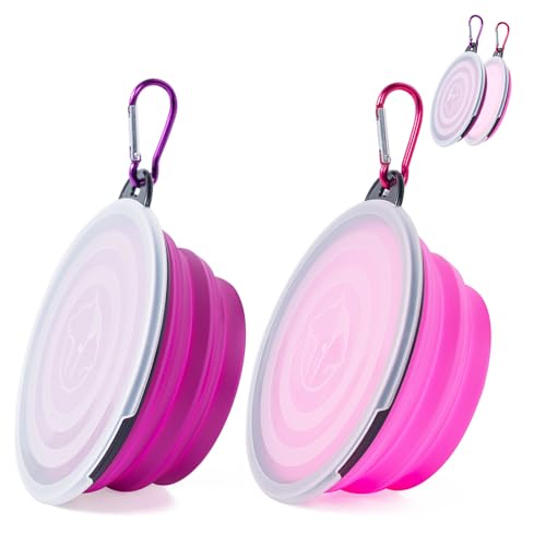 2 Stück Faltbare Reisenäpfe,Haustier Hundenapf mit Deckel und Haken Tragbare Silikon Trinkschale für Katzen,Hunde Reise Wanderungen and Camping (rosa und lila, klein)