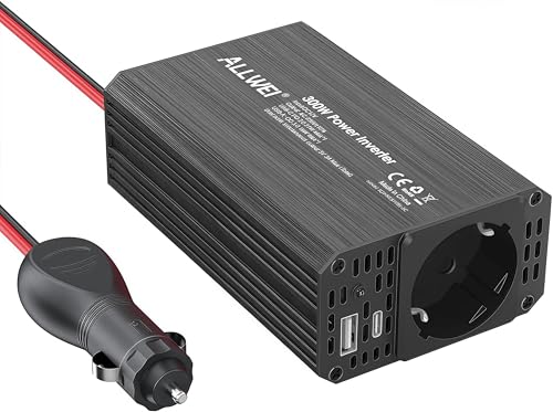 ALLWEI 300W Wechselrichter 12V auf 230V Spannungswandler, Stromwandler mit Typ-C & USB Anschluss, Inverter 12V 220V, Auto Steckdose für Auto, Laden von Handys, Laptops und Anderen Geräten (Schwarz)