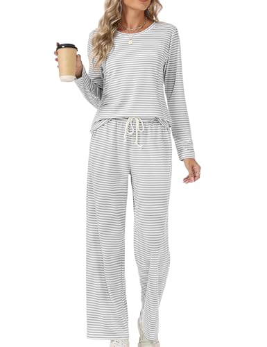 Rapbin Schlafanzug Damen Lang Pyjama Sets Rundhals Gestreift Zweiteiliger Nachtwäsche Langarm Oberteil und Schlafhose mit Taschen(Grau-weiß gestreift M)