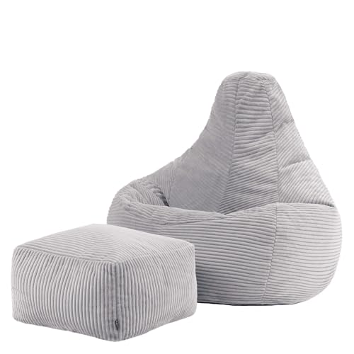 Icon Dalton Sitzsack mit Hocker Cord, Grau, Gaming Sitzsack Erwachsene mit Füllung, Bean Bag, Cord Sessel, Lounge Sessel, Lounge Stuhl, Schlafzimmer, Wohnzimmer, Wohnzimmer Möbel