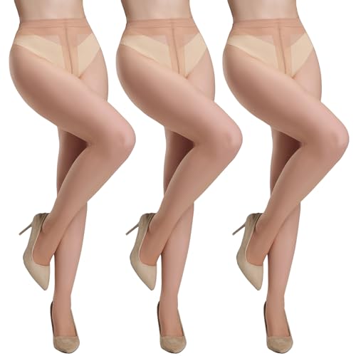Yilanmy 3 Paar Strumpfhosen Damen 20 DEN Transparente Feinstrumpfhose, Hohe Taille T-Crotch Pantyhose (Hautfarben,S-M)