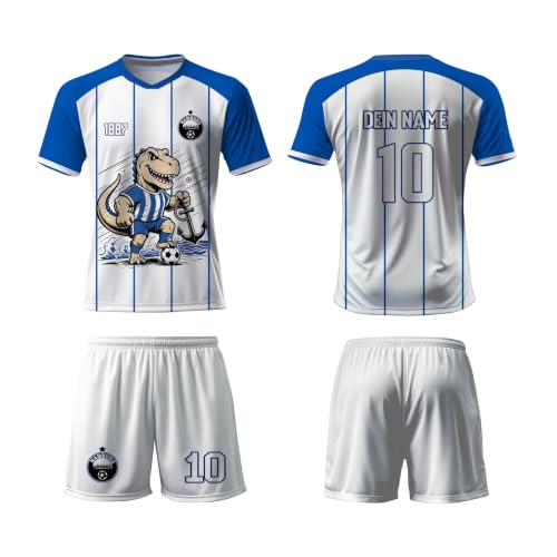 Personalisiertes HSV Trikot Set mit Dino Maskottchen im Retro Nadelstreifen Stil mit Name & Nummer - atmungsaktiv für Kinder & Erwachsene, Handgesticktes Logo,ideal für Stadion & Freizeit, Geschenk