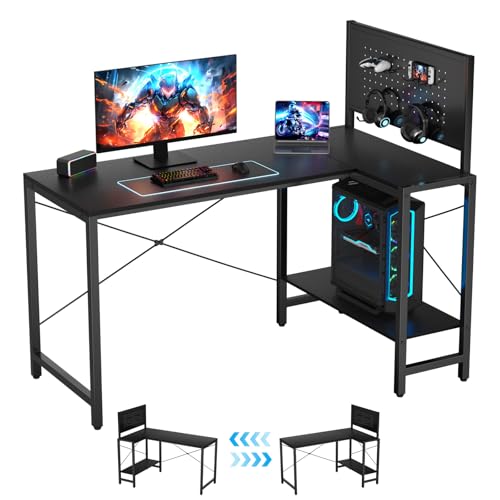 TESSTINA L-Förmiger Eckschreibtisch, 125x70cm Schreibtisch Mit Schubladen & Pegboard, Höhenverstellbare Seitentafel, Ergonomische 75cm Höhe Gaming Tisch, Für Home Office Streaming Gaming, Schwarz
