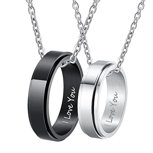 Lieson Edelstahl Halskette Herren Damen, Paar Ringe Mit Gravur I Love You Breite 6MM Ring Drehbar Silber Schwarz