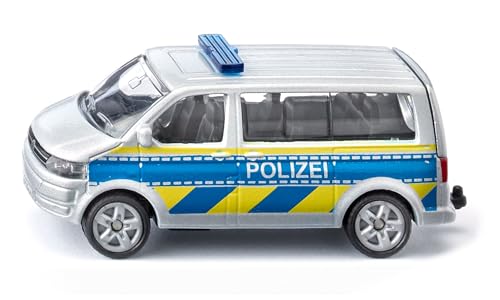 Siku 1553, VW T5 Autobahnpolizei, Spielzeugauto für Kinder, Metall/Kunststoff, Silber, Öffenbare Heckklappe, Anhängerkupplung