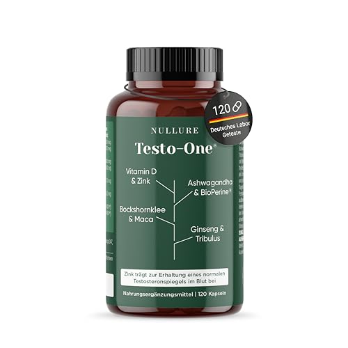 Nullure Testo-One Testosteron¹ Kapseln | Vegan & Ohne Magnesiumstearat | Unabhängig getestet in Deutschland | Ashwagandha + Maca + Tribulus + Bockshornklee + Ginseng + Zink | 120 Stück (2 Monate)