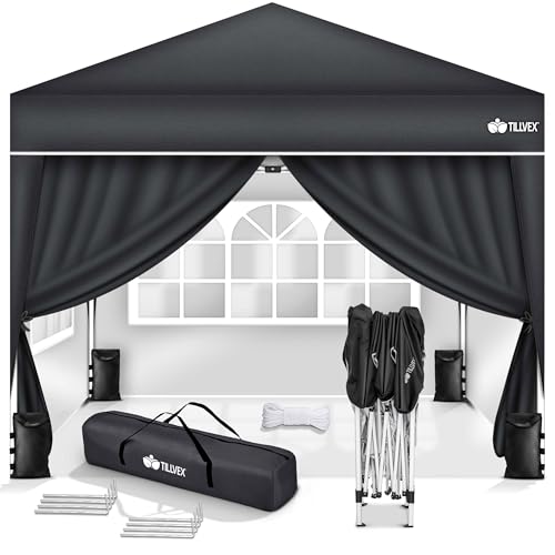 tillvex Pavillon 3x3m wasserdicht mit 4 Seitenteilen + 4er Set Sandsäcke | Pop-Up Faltpavillon stabil & höhenverstellbar | Gartenzelt UV Schutz 50+ | Partyzelt mit Tasche für Garten, Anthrazit