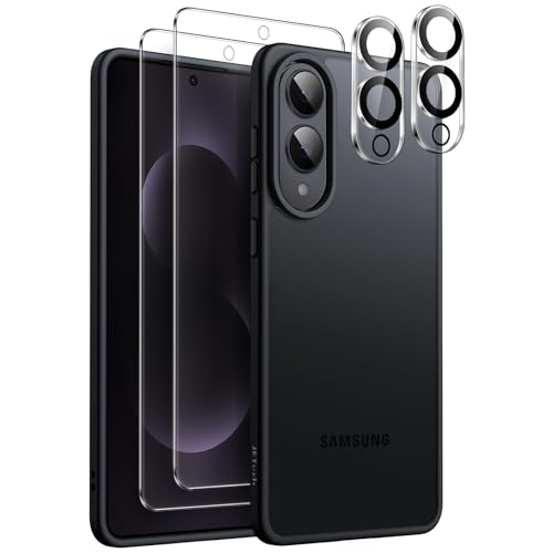 JETech 5 in 1 Matt Hülle für Samsung Galaxy S25 Edge mit 2 Stück Jeweils Schutzfolie und Kameraschutz, Transluzente Rückseite Handyhülle, Gehärtetes Glas Displayschutz (Schwarz)