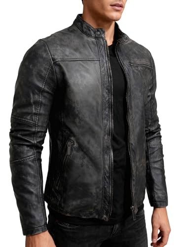 Crone Epic Herren Lederjacke Cleane Basic Leder Jacke in vielen Varianten und Farben (DE/NL/SE/PL, Alphanumerisch, XL, Regular, Regular, Stone Washed Black (Schafsleder))
