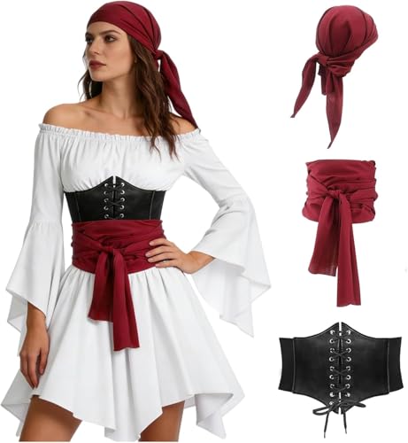 Piratenkostüm Damen Set, Karneval Kostüm Damen Piraten, Off-Shoulder Weißes Kleid mit Korsett, Kopftuch & Taillenschal Mittelalter Kleidung Frauen Piratin Outfit für Halloween Fasching Cosplay
