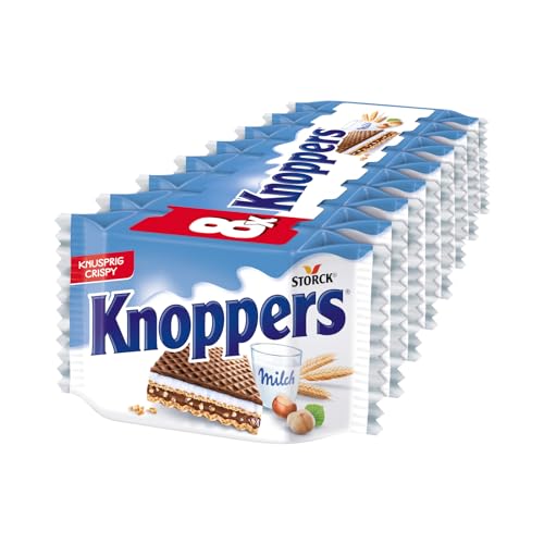 Knoppers – 8 x 25 g – Gefüllte Waffelschnitten mit Milch- und Nougatcreme, Haselnüssen und Kakao