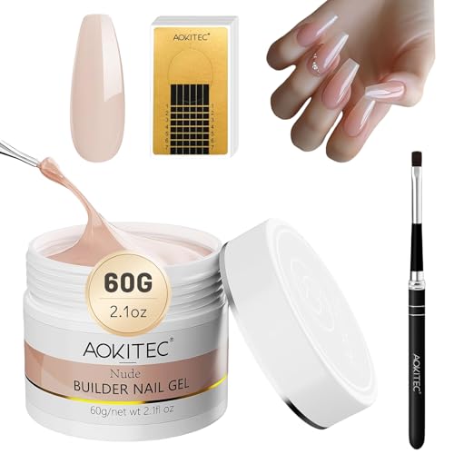 Aokitec Aufbaugel für Gelnägel, 60g Nude Hartgel für Nägel, Nagelgel Set mit Nagelformen und Gel Nagelbürste, UV Gel für Nagelverlängerungen, Nail Art Aufbaugel Sets Builder Nägel für Anfänger