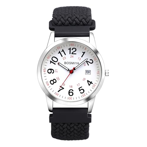JewelryWe Geflochten Elastische Uhr mit Stoffarmband: Damen Herren Kalender Analog Quarz Armbanduhr mit Grau Gewebt Stretcharmband und 24-Stunden-Zifferblatt - Damenuhr Herrenuhr mit Großen Zahlen