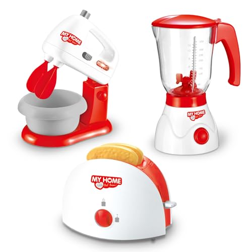 deAO Küchen-Set mit Mixer, Standmixer, Toaster und anderem Küchenzubehör, Spielküche Spielset für Kinder, Kinderküche Zubehör Frühstücksset, Kinderküche Rollenspiel für Jungen und Mädchen (Rot)