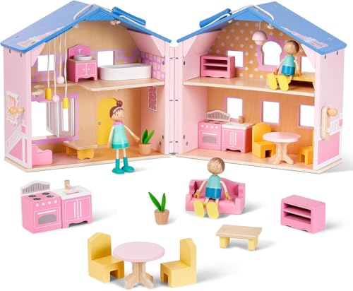 Tragbares Puppenhaus aus Holz - faltbar mit Möbeln, rosafarben Puppenhaus ab 3 Jahre Mädchen Dollhouse Puppenhaus zum Mitnehmen (34,8x27,7x34,1cm)
