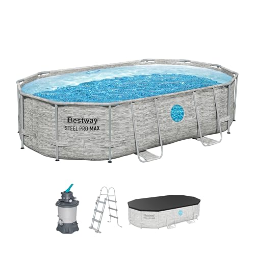 Bestway Power Steel Swim Vista Series Frame Pool Komplett-Set mit Sandfilteranlage 488 x 305 x 107 cm, Steinwand-Optik (Cremegrau), oval