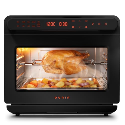 OUNIN Dampfbackofen 24L, 9-in-1 Backofen Freistehend, Platzsparendes, LED Display Backofen zum Dämpfen, Heißluftfrittieren, Toasten, Braten, Backen, Aufwärmen, Dörren und Fermentieren, Edelstahl