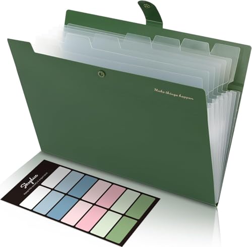 SKYDUE Dokumentenmappe A4, Mappe Mit 8 Fächern, Fächermappe A4 Mit Etiketten, Tragbar Ordnungsmappe Mappen Ordnersystem, Document Folder Für Zuhause, Büro, Schule Und Auf Reisen (Grün)