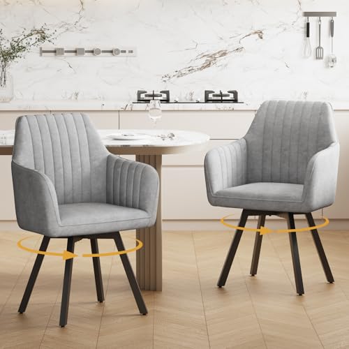 Ckaff Esszimmerstühle Drehbar mit Armlehne 2er Set, 360°Drehbar Polsterstuhl Küchenstuhl aus Samt, Stühle Esszimmer Schminkstuhl mit Metallbeine und Rückenlehne für Esszimmer Schlafzimmer, Hellgrau
