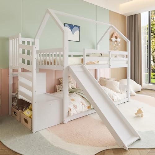 RIAZOS Etagenbett 90x200 cm, Hochbett mit Rutsche, Hausbett mit Dach, Kinderbett mit Treppe, Holzbett mit 1x Lattenrost, Jugendbett, Weiß, ohne Matratze