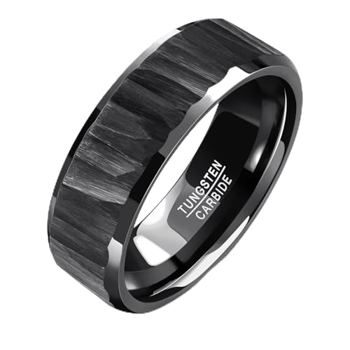 TUNGSTORY Wolframkarbid Herrenring Hammered - Schwarz Kratzfest Ehering Hochzeit Geschenk für Ihn Komfortring 62(19.7)