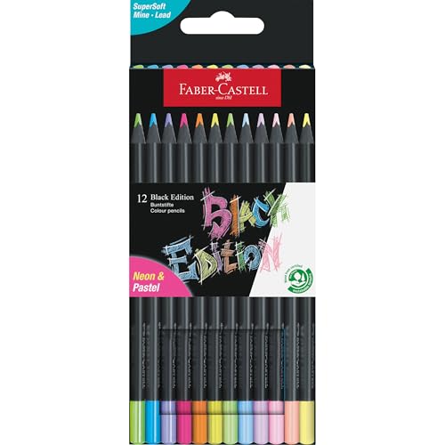 Faber-Castell 116410 - Buntstifte Black Edition, Neon + Pastell Farben, 12er Etui