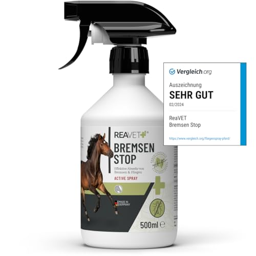TESTURTEIL SEHR GUT ReaVET Bremsen Stop **TESTSIEGER** Fliegenspray Pferde 500ml mit pflegender AloeVera, Insektenspray mit Sofortschutz & Pferdepflege, Bremsenspray Bremsenblocker gegen Fliegen