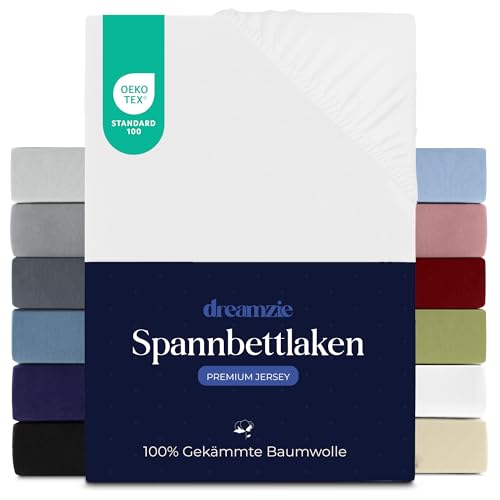 Dreamzie Premium Spannbettlaken 180x200 cm, Spannbetttuch für Dicke Matratzen bis zu 27 cm, Bettlaken 100% Jersey Baumwolle, 150 g/m², Oeko-TEX Zertifiziert - Weiß