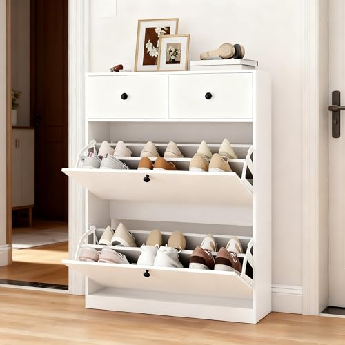 YOURLITE Schuhschrank Schmal,Schuhkipper mit 2 Klappen & 2 Schubladen,Schuhkipper Weiß,Platzsparender Schuhregal, 24cm Tiefer,Verstellbarer Trennwand Kippschutz,Modernes für Flur,Eingangsbereich