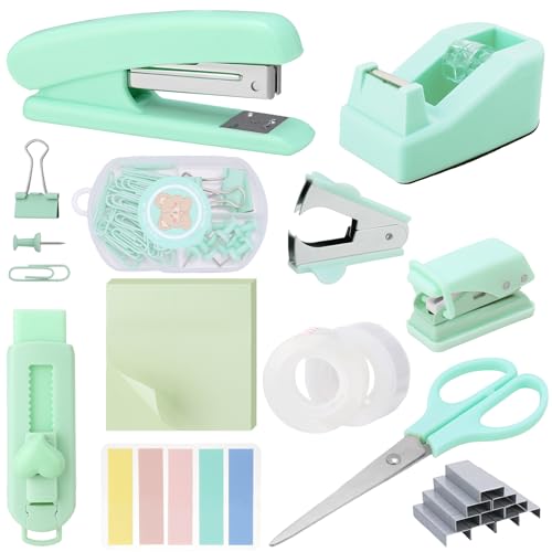 Candcamp Schreibtischzubehör Set, Bürobedarf Set mit Hefter, Heftklammerentferner, Heftklammern, Klebebandabroller, Clips Set, Klebeband, Haftnotizen, Schere, Locher, für Studenten, Büroangestellte