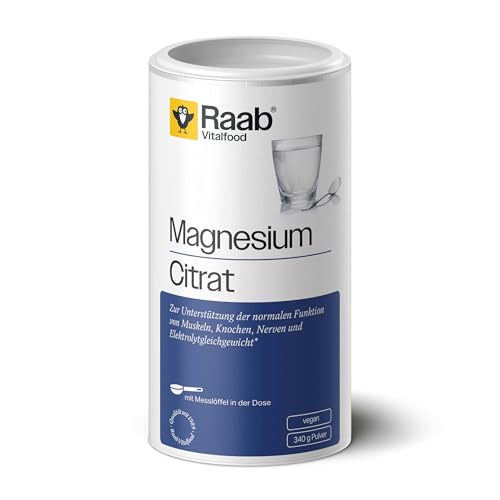 Raab Vitalfood® Magnesiumcitrat Pulver (340 g) - 100% Magnesiumcitrat ohne Zusätze, gut zu dosieren, ideal für Sportler - für Muskeln, Nerven, Elektrolyt-Haushalt - laborgeprüft, vegan