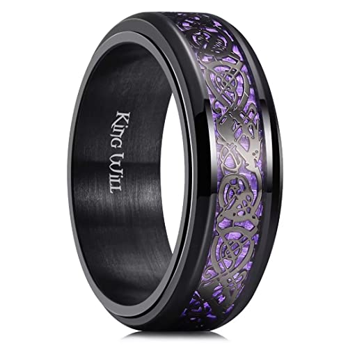 King Will Herren Spinner 8mm Edelstahlring - Angst Fidget Ring Schwarz Keltischer Drache Lila Kohlefaser Einlage Fidget Ehering Größe 13