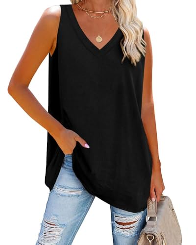 Fisoew Damen Tank Top V-Ausschnitt Blusentop Sommer Basic Tops Ärmellos Bluse Locker Cami Oberteile,Schwarz,XXL
