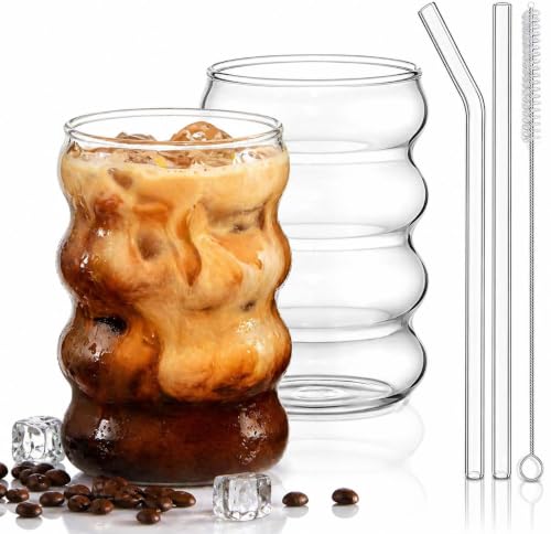ALINK Kleine Gerippte Trinkgläser 350 ml Set aus 2, kompakte Bubble Trinkgläser 9,9 cm hoch mit Glasstrohhalmen und Reinigungsbürste, Wave Gläser, Wassergläser, Cocktail Gläser für Milk, Soda