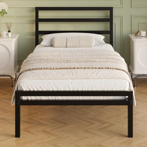 Lutown-Teen Einzelbett 90 x 200 cm mit Kopfteil und Fußteil, 30cm Höhe Metallbett mit Lattenrost aus Metall, Metallbett Einzelbetten Bettrahmen, Stauraum unterm Bett, Leichte Montage, Schwarz