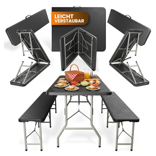 Rosentahl Skyfold Bierzeltgarnitur Klappbar 3-teilig – Kunststoff Biertischgarnitur Tisch & 2 Bänke – Campingtisch, Festzeltgarnitur, Rattan-Optik, Wetterfest, Tragegriff, 500 kg je Bank