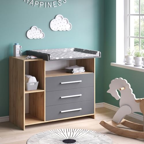 Vicco Wickelkommode Oskar, Wickelaufsatz für die Kommode, Goldkraft Eiche/Anthrazit, 113 x 100 cm