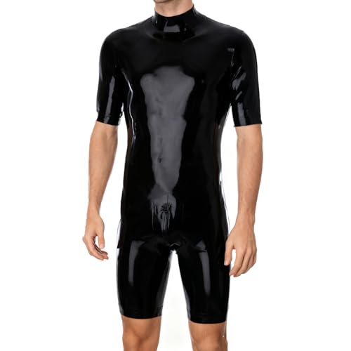 IOKUKI Handgefertigter Latex-Catsuit für Herren,kurzärmeliger Gummi-Bodysuit mit Schritt-und Rückenreißverschluss-L