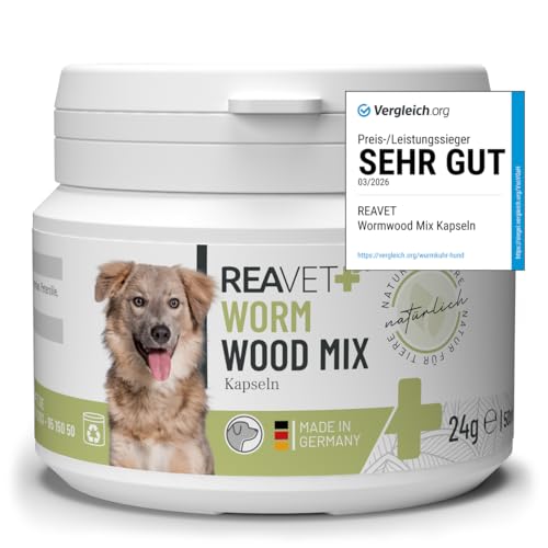 TESTURTEIL SEHR GUT 2026 ReaVET Wurm-Kraut Kapseln 50 Stück - für Hunde, mit echtem Wurmkraut (Artemisia Absinthium) in rezepturbasierter Pflanzenformel, geeignet für Hunde Aller Rassen