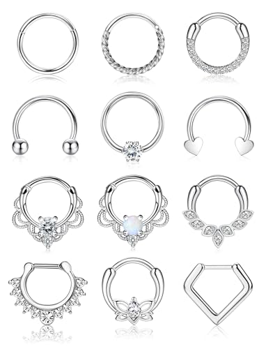 JeweBella 12 Stück 16G Chirurgenstahl Septum Piercing Silber Set für Damen